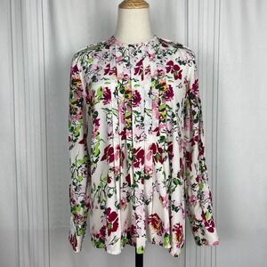Equipment Floral Print Silk Blouse Pintuck Detail Long Sleeve Size S